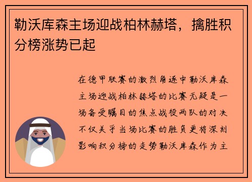 勒沃库森主场迎战柏林赫塔，擒胜积分榜涨势已起